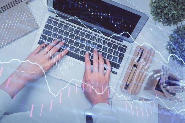 Double Exposure Woman Hands Working Computer Forex Graph Hologram Drawing — Stock Photo, Image