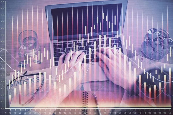 Double Exposure Man Hands Typing Laptop Keyboard Forex Chart Hologram — Stock Photo, Image