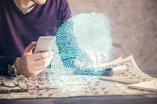 Double Exposure Man Hands Holding Using Digital Device Fingerprint Hologram — Stock Photo, Image