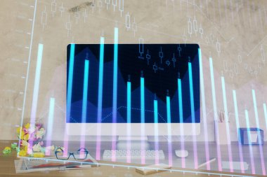 Bilgisayar geçmişi olan eski grafik hologramı. Çifte maruziyet. Finans piyasası kavramı.