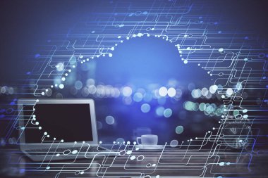 Bilgisayarın arka plan ve teknoloji temalı çizimlerine çoklu maruz kalma. Yenilik kavramı.