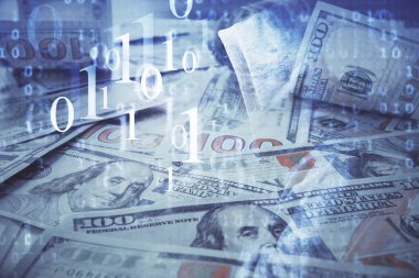 İki kez veri temasına maruz kalınca dolar banknotları arka planda kalıyor. Teknoloji konsepti.