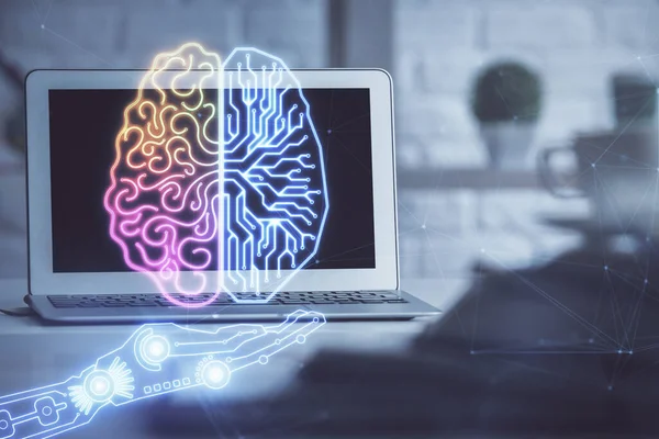 Подвійна Експозиція Робочого Простору Комп Ютером Голограмою Малювання Людського Мозку — стокове фото