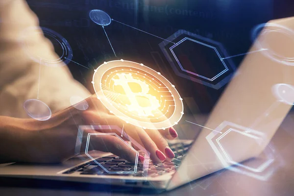 Double Exposure Woman Hands Typing Computer Crypto Market Theme Hologram — Stock Photo, Image