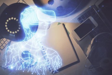 AR gözlükleri çizimi ve çalışma masası örtüsü. Sanal gerçeklik kavramı.