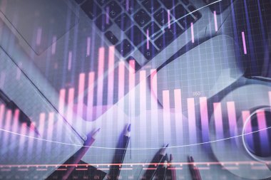 Bilgisayarla arka plan üzerine iki kat mali şema çizimi. Araştırma ve analiz kavramı. Üst görünüm.