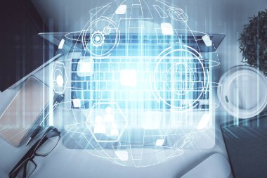 Masaüstü arkaplanındaki bilgisayar üzerinden sosyal ağ hologramı çizimleri. Üst Manzara. Çoklu maruz kalma. İnsanlarla bağlantı kavramı.