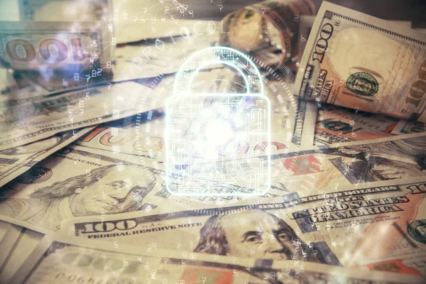 Die Doppelte Entlarvung Der Lock Zeichnung Über Uns Dollarnoten Hintergrund — Stockfoto