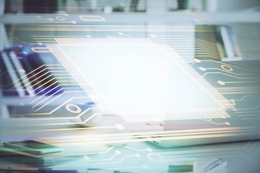 Teknoloji temalı çizim ve bilgisayarla çalışma alanı. Çoklu maruz kalma. Yenilik kavramı.