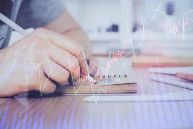 Borsa forex grafiği ile çoklu pozlama closeup eller. Araştırma ve analiz kavramı.