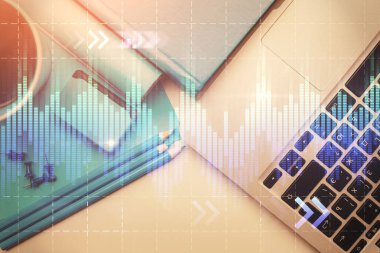 Bilgisayarla masaüstü arkaplanı üzerinde ön x grafik çizimi çift pozlama. Finansal analiz kavramı. Üst görünüm.