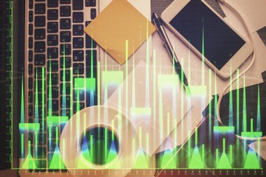 Bilgisayarla arka plan üzerine iki kat mali şema çizimi. Araştırma ve analiz kavramı. Üst görünüm.