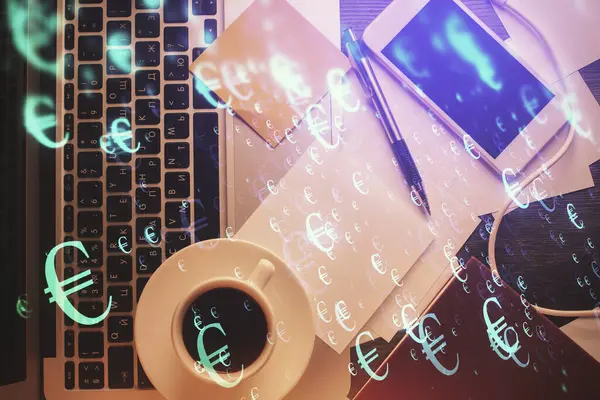 Bilgisayarla arka plan üzerine iki kat mali şema çizimi. Araştırma ve analiz kavramı. Üst görünüm.