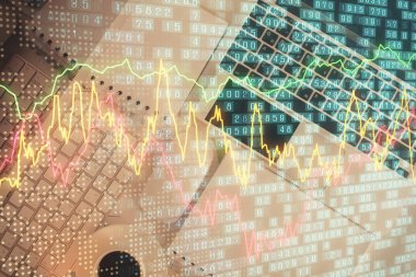 Finans piyasası grafiği ve masaüstü bilgisayarının üst görüntüsü. Çoklu maruz kalma. Yatırım kavramı.