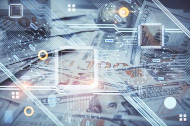 İki kez veri temasına maruz kalınca dolar banknotları arka planda kalıyor. Teknoloji konsepti.