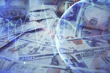 Forx grafiğinin çok sayıda görüntüsü bize dolar banknotları arka planında görünüyor. Finansal başarı piyasası kavramı.