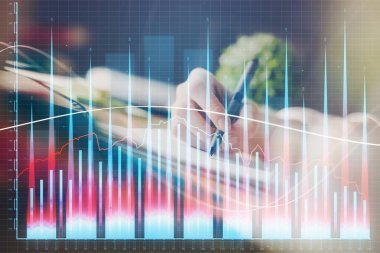 Finansal Forex grafik eller notları arka plan alarak görüntülenir. Araştırma kavramı. Çoklu pozlama