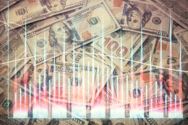 Forx grafiğinin çok sayıda görüntüsü bize dolar banknotları arka planında görünüyor. Finansal başarı piyasası kavramı.