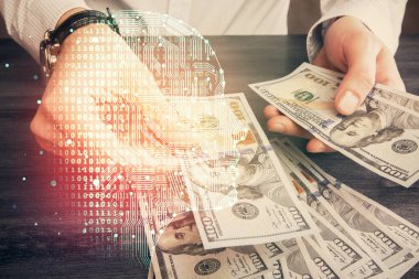 Beynin holograma maruz kalması, bize dolar banknotları ve insan eli çizmesi. Ai yatırım konsepti