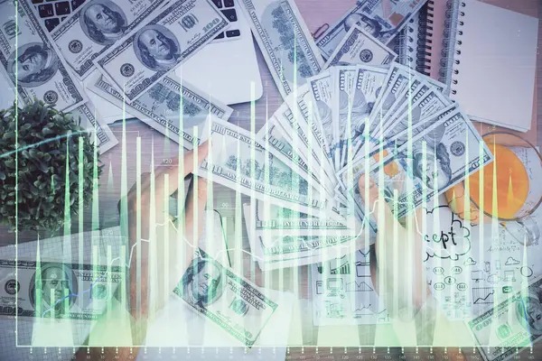 Multi Exposure Financial Graph Drawing Hologram Usa Dollars Bills Man — Stock Photo, Image