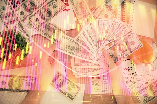 Multi Exposición Gráfico Financiero Dibujo Holograma Billetes Dólares Las Manos —  Fotos de Stock