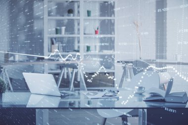 Hisse senedi borsası çizimine ve ofis iç planına çok maruz kalmış. Mali analiz kavramı.