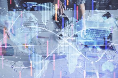 Kadın ve erkeğin birlikte çalışması ve finansal temalı hologram. Uluslararası iş kavramı. Bilgisayar arkaplanı.