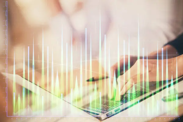 Double Exposure Woman Hands Typing Computer Forex Chart Hologram Drawing — Stock Photo, Image