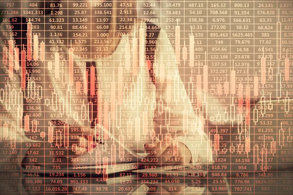 Double Exposure Businesswoman Hands Typing Computer Financial Graph Hologram Drawing — Stock Photo, Image