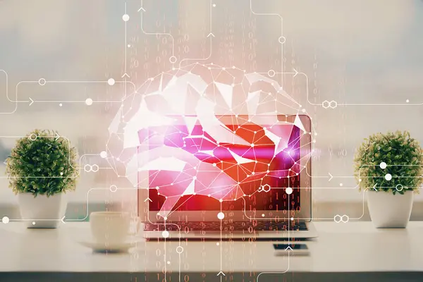Doble Exposición Escritorio Con Holograma Dibujo Computadora Cerebro Concepto Inteligencia — Foto de Stock