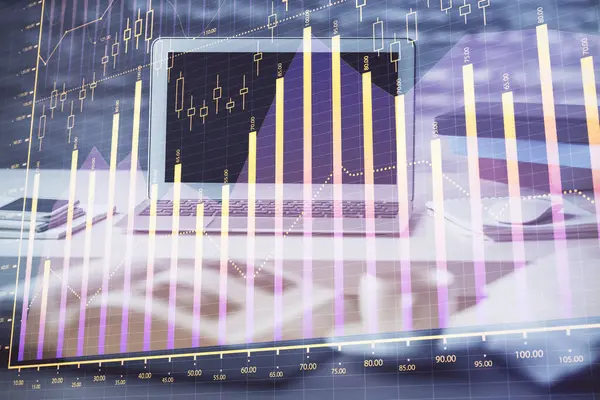 Graf Akciového Trhu Tabulka Počítačovým Zázemím Multi Expozice Koncepce Finanční — Stock fotografie