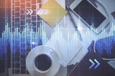 Bilgisayarla arka plan üzerine iki kat mali şema çizimi. Araştırma ve analiz kavramı. Üst görünüm.