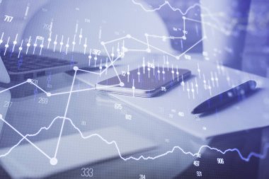 Ön x grafik çizimi ve cep telefonu arkaplanı çift pozlama. Mali veri analizi kavramı