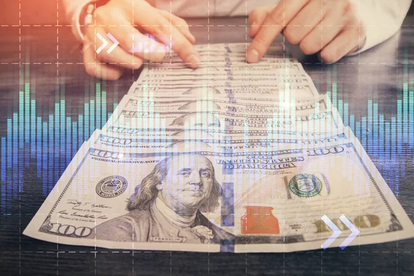 Mehrfachbelichtung Von Forex Graphen Mit Hologramm Und Dollarscheinen Und Menschenhänden — Stockfoto