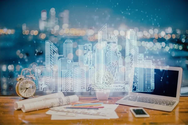 Fondo Escritorio Computadora Oficina Grandes Edificios Ciudad Holograma Dibujo Doble — Foto de Stock