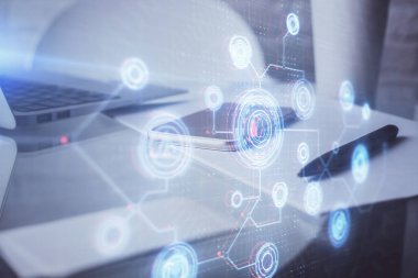 Veri teması çizimi ve cep telefonu arkaplanı çift pozlama. Yenilik kavramı