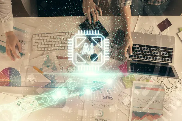 男女共同工作的双重曝光和技术主题绘图全息图 大数据概念 计算机背景 — 图库照片