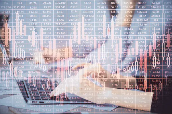 Wielokrotna Ekspozycja Kobiecych Dłoni Komputerowym Finansowym Rysunku Hologramu Koncepcja Analizy — Zdjęcie stockowe