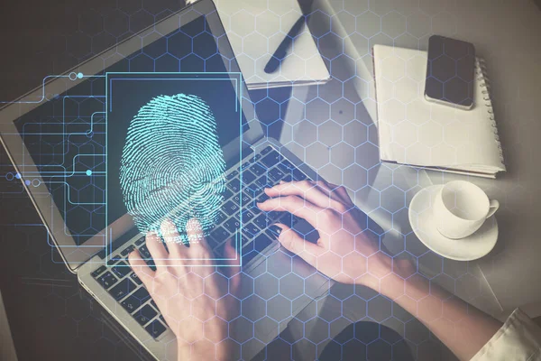 Double Exposure Woman Hands Typing Computer Fingerprint Drawing Security Concept — Stock Photo, Image