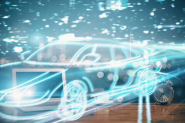 Otomobil hologramı çizimi olan masaüstü bilgisayar arkaplanı. Çoklu maruz kalma. Teknoloji kavramı.