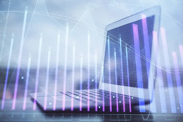 Stock Market Graph Background Desk Personal Computer Double Exposure Concept — Stock Photo, Image