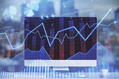 Arka planda eski pazar grafik hologramı ve kişisel bilgisayar var. Çoklu maruz kalma. Yatırım kavramı.