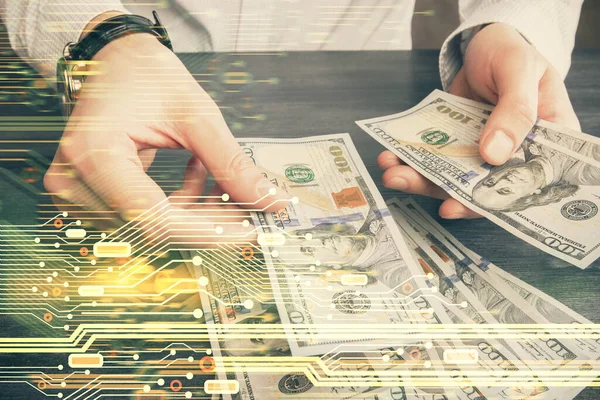 Double Exposure Technology Drawing Hologram Dollars Bills Man Hands Data — Stock Photo, Image