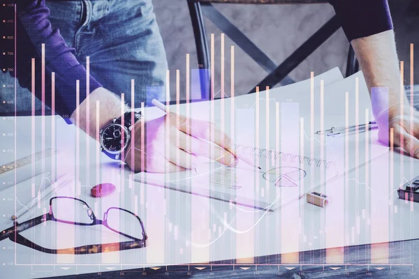 Finanzhandelsdiagramm Doble Exposition Mit Mann Desktop Hintergrund Erfolgskonzept — Stockfoto