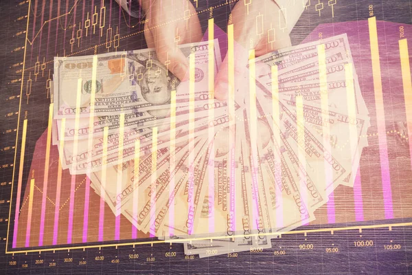 Multi Exposição Holograma Desenho Gráfico Financeiro Contas Dólares Dos Eua — Fotografia de Stock
