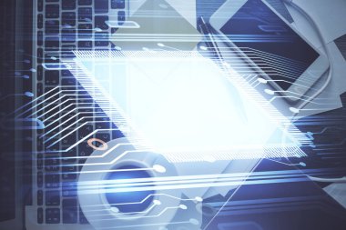 Çalışma masası arkaplanının üstünde bilgisayarla hologram çizen veriye çifte maruz kalma. Ai kavramı.