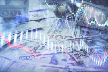 Forx grafiğinin çok sayıda görüntüsü bize dolar banknotları arka planında görünüyor. Finansal başarı piyasası kavramı.