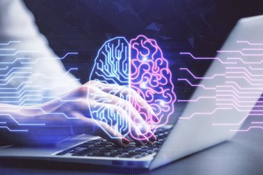 Bilgisayar ve insan beyin hologramı çizimleri üzerinde çalışan kadın ellerine çok maruz kaldı. Ai teknoloji konsepti.