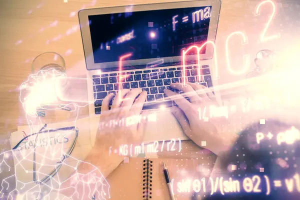 Double Exposure Man Hands Typing Computer Keyboard Formula Hologram Drawing — Stock Photo, Image