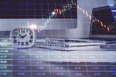 Borsa grafiği ve bilgisayar geçmişi olan tablolar. Çifte maruziyet. Mali analiz kavramı.